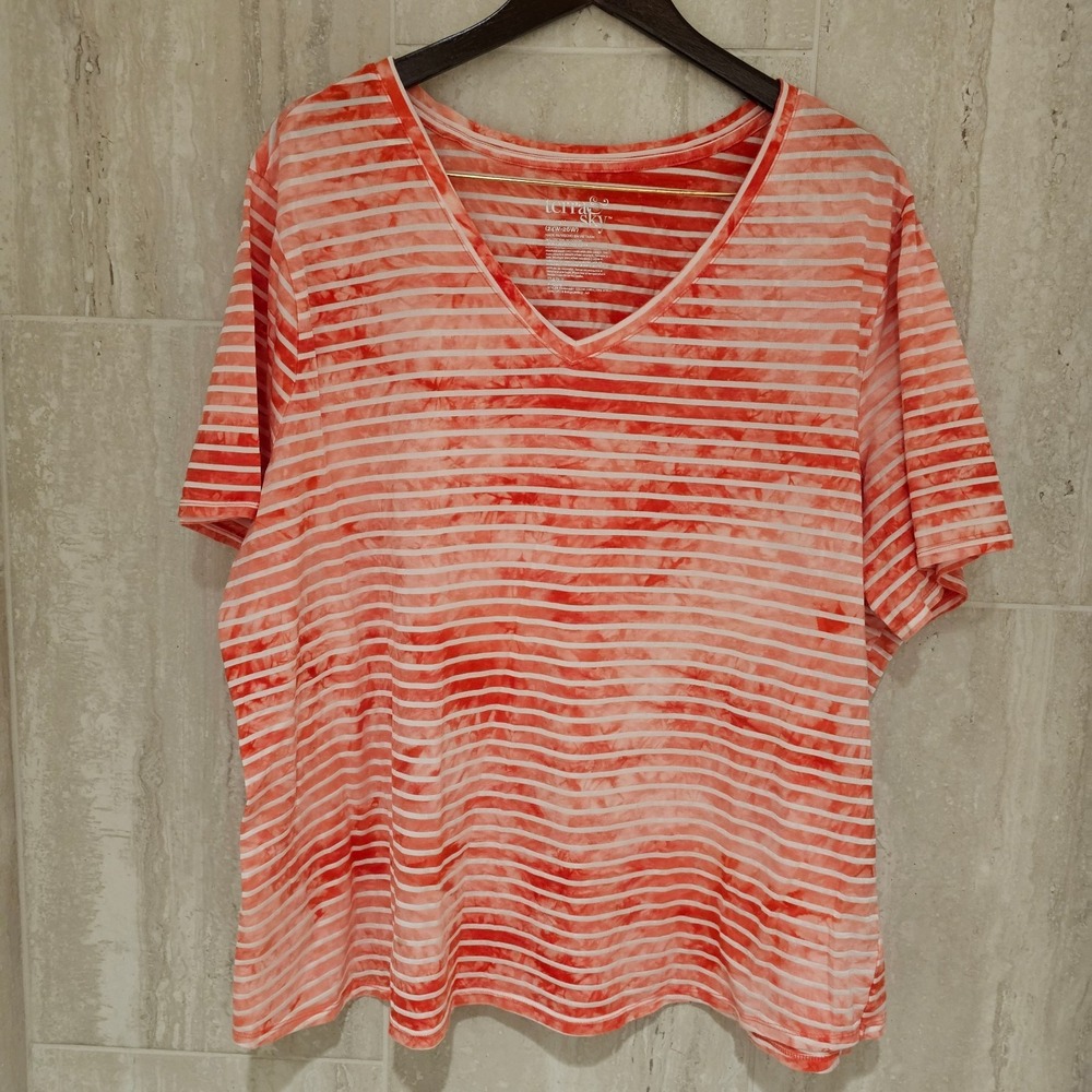 Womens Top Terra & Sky Orange White Striped Tie Dye V Neck Short Sleeve 3X EUC